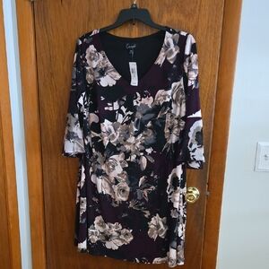 Connected Apparel Floral Long Sleeve Dress -  Dark Plum and Cream